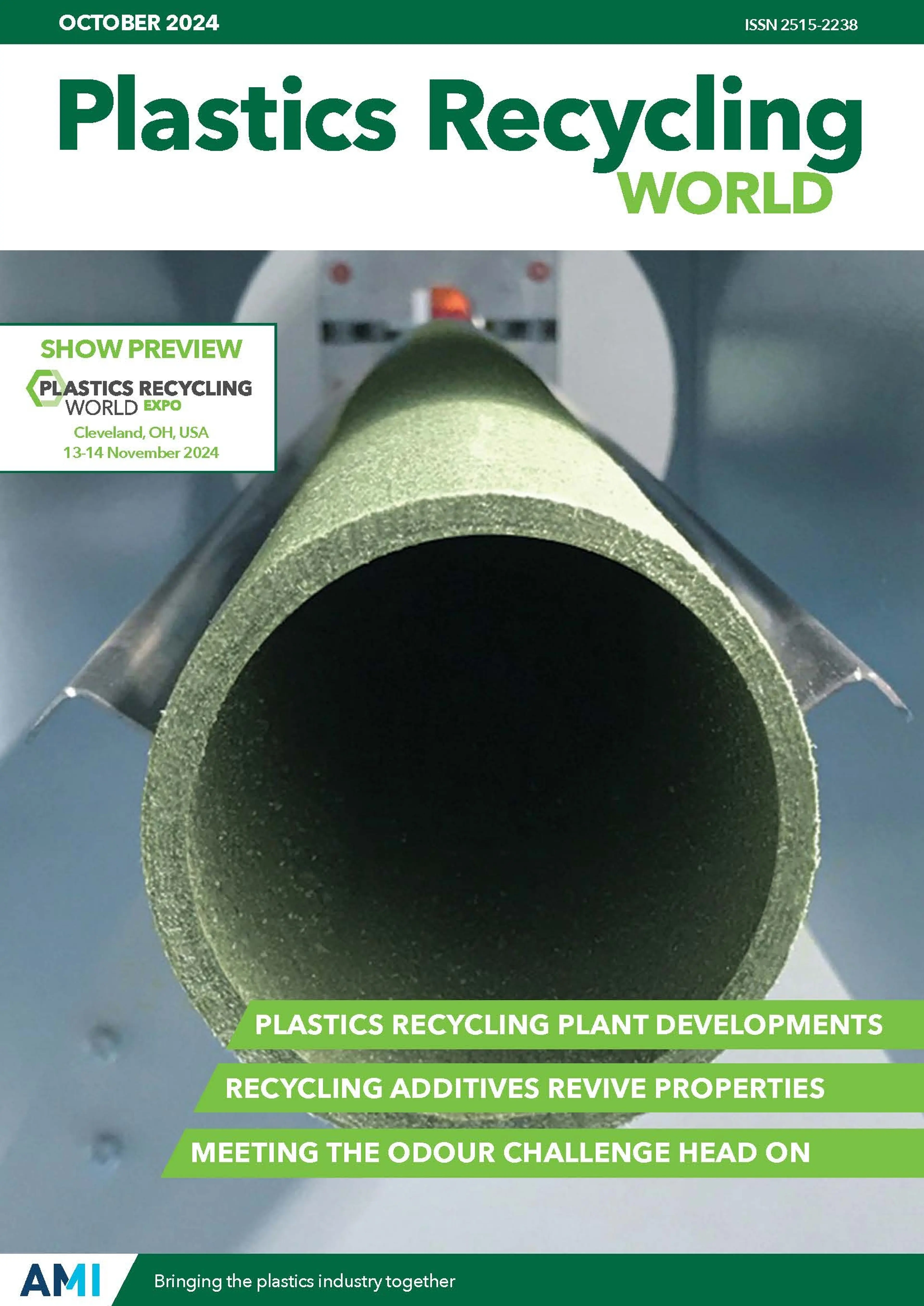 Cover of AMI's Plastics Recycling World magazine Oct24