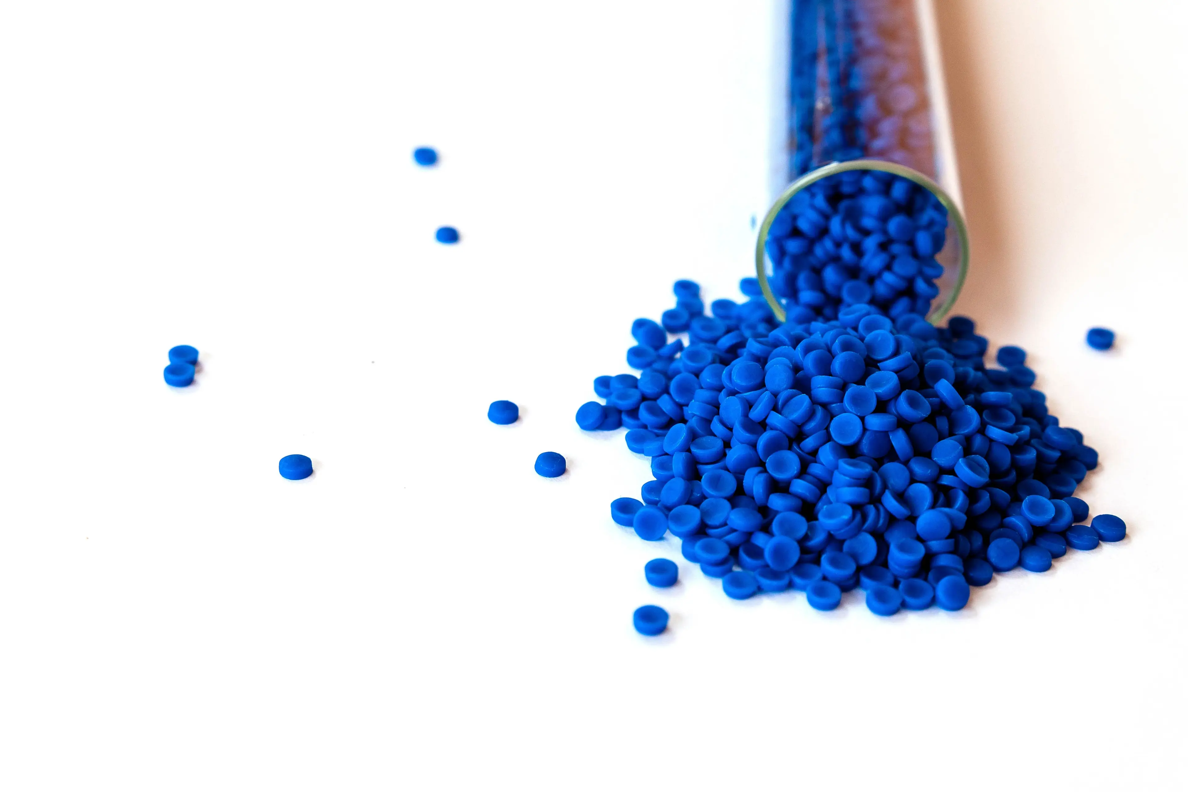 Close-up of plastic polymer granules, polymer plastic.