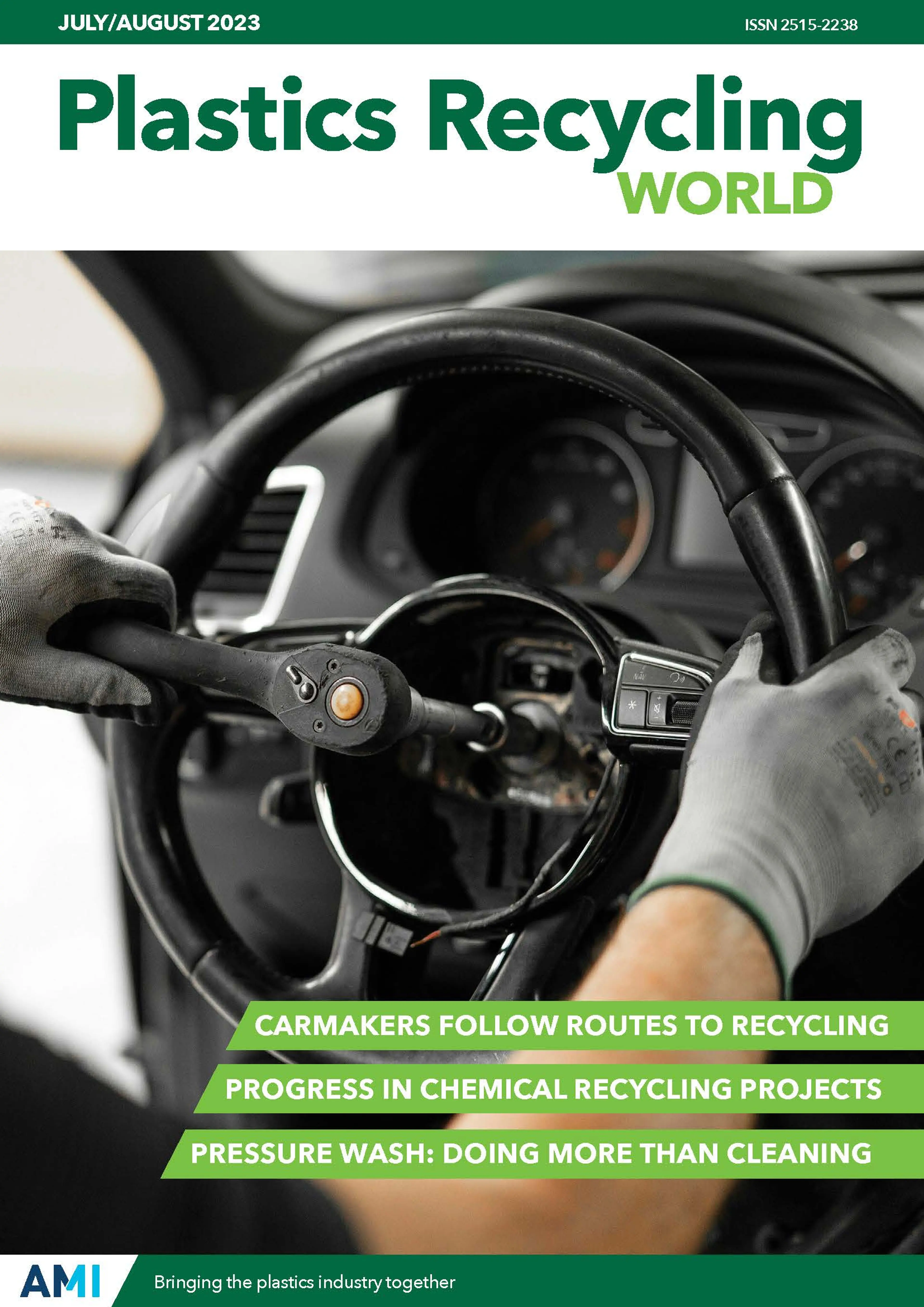 Cover of AMI's Plastics Recycling World July/August 2023